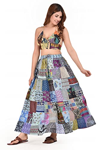 Women's Hippie Bohemian Indian Patch Maxi Long Gypsy Cotton Skirts with Right Hand Side Pocket, One Size Fits All(Waist 26-36 inches) Blue2