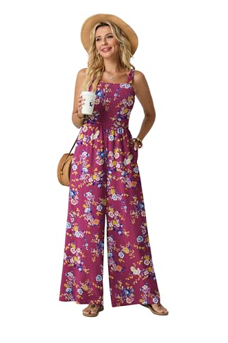 Lepunuo Jumpsuits for Women Casual One Piece Overalls Smocked Wide Leg Long Rompers With Pockets Beach Vacation — view 2