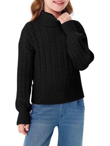 Haloumoning Maglione a collo alto da ragazza, a maniche lunghe, lavorato a maglia, sciolto, casual, per autunno e inverno, Nero , 6-8 Anni