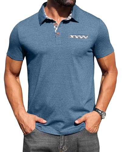 Hisir Mens Polo Shirt Cotton Short Sleeve Contrasting Colors Regular T-Shirt Tops Summer Casual Sports Workwear with Pocket (Blue, M)