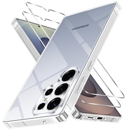 Oelrstfe Coque pour Samsung Galaxy S25 Ultra 5G avec 2 Pièces Verre Trempé, Ultra Transparente Silicone en Gel TPU Souple Étui, Antichoc Anti-Jaune Bumper...