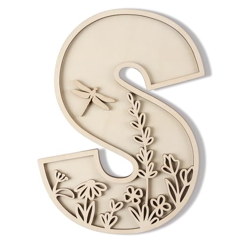 Image of Layered 12 Inch Large Wooden Letters for Wall Decor, Flowered Paintable Wooden Nursery Letters for Crafts Wood Alphabet Letter S for Birthday Boho Nursery Name Sign Wedding Home Decoration