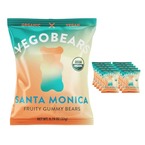 Candy People VegoBears Santa Monica Vegan Gummy Bears Snack Packs Organic Gummy Bears, Non-GMO, Banana, Pineapple & Strawberry Gummies Single Serve Packs 0.78 OZ (70 Calorie Packs) (10 Pack)