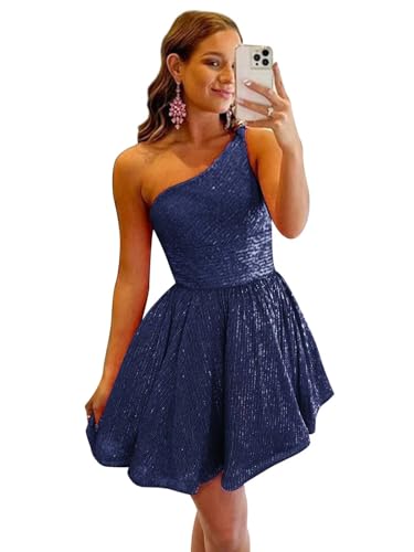 One Shoulder Short Sequin Homecoming Dresses for Teens Sparkly Prom Cocktail Dress with Pockets