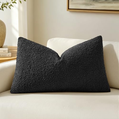 MIULEE Textured Boucle Lumbar Pillow Cover for Bed 12x20 Black