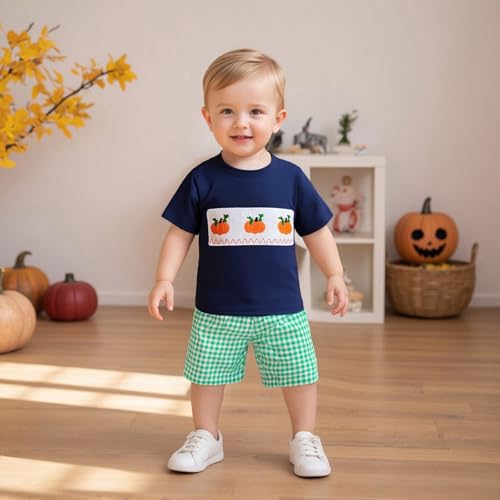 Toddler Baby Boy Halloween Clothes Pumpkin Embroidery Smocked Short Sleeve T-Shirt and Plaid Shorts Set Fall Outfits2