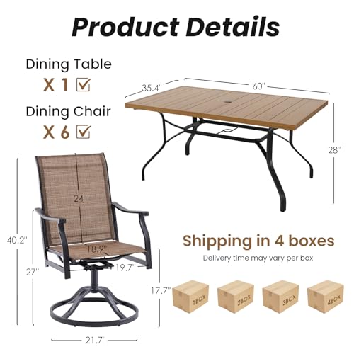 Image of Soohow Outdoor Dining Set for 6, 7-Piece Patio Table and Chairs Set, 6 x Swivel Patio Dining Chairs and 60 inchx35 inch Wood-Like Outdoor Table with 1.57 inch Umbrella Hole for Backyard, Poolside