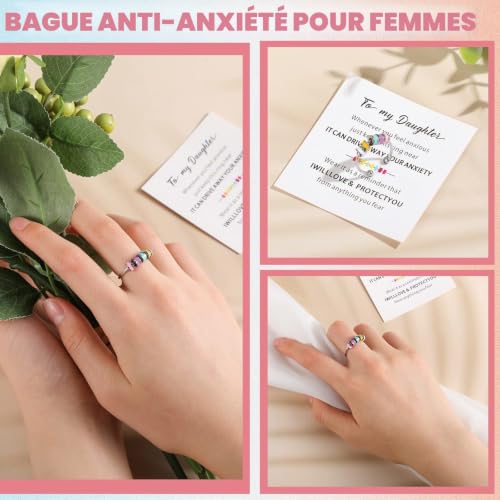 Herdear Anneau Fidget en Émail Anneaux d'Anxiété Ouverts en Acier Inoxydable Bagues Anti-Stress Bagues Rotatifs Réglables avec Perles Multicolores pour Soulagement de l'Anxiété (Style Frais) – vue 2
