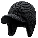 SEEK SURE Winter Hat with Visor Warm Fleece Lined Beanie with Brim Ear Protection Cuff Knit Cap for Men Women, XL/XXL Black