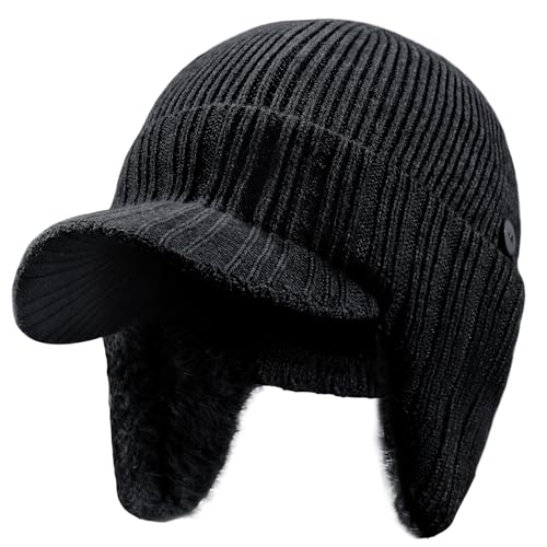 Seek Sure Winter Hat With Visor Warm Fleece Lined Beanie With Brim Ear Protection Cuff Knit Cap For Men Women, Xl/Xxl Black