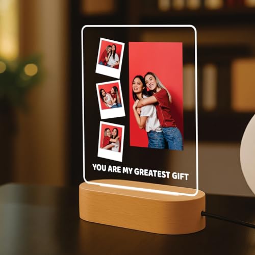 Image of Giftplease Personalised Photo Acrylic Frame with Wooden LED Base - Custom Picture Desk Display for Sister, Unique Raksha Bandhan Gift from Brother, Birthday, Anniversary & Keepsake Decor