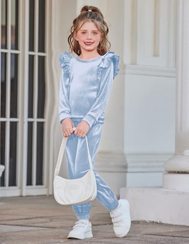 Image of Arshiner Girls 2 Piece Outfits Velour Tracksuit Ruffle Sweatshirt Sweatpant