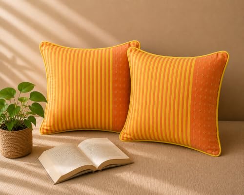 Image of RANGBHAR Handloom 100% Cotton Cushion Cover Set of 2 | Cushion with All-Around Piping for Premium Finish | 16x16 Inches Hand Woven Striped Cushion Covers - Orange Yellow