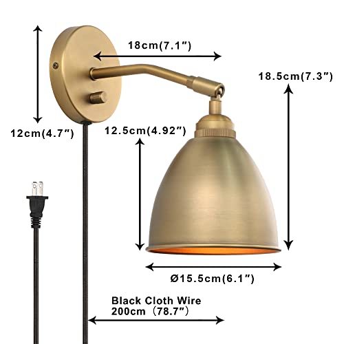 Yosoan Vintage Plug In Wall Sconce, 1-Light Dimmable Switch Industrial Mount Metal Fixture Lighting Lamp With 6.1" Oval Antique Metal Shade In-Build Gold And 4.7" Black Canopy Lamp Fixture #TOP1