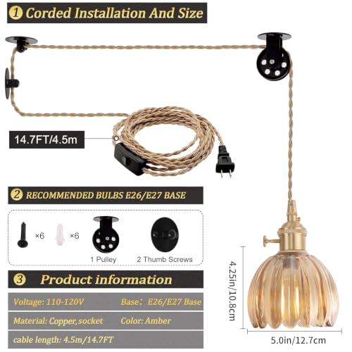 Image of Shenmoyl Plug in Pendant Light Hanging Light Fixture Corded On /Off Switch Brass Pendant Light with Amber Tulip Glass Lampshade for Bedroom Living Room Kitchen Island