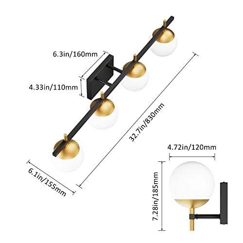 Image of Ralbay Mid Century Modern Vanity Light Fixture 4-Light Milky Glass Modern Bathroom Vanity Lights Over Mirror, Black /Golden Modern Vanity Light for Bathroom Black and Gold 4 Light(Exclude Bulb)