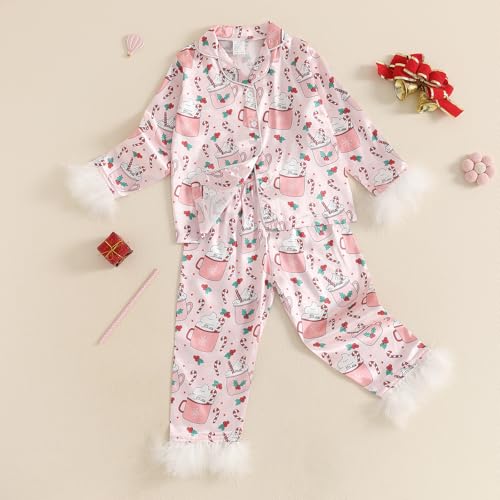 One Opening 1-7T Girls Christmas Pajamas Set Xmas Sleeper Button Down Tops Long Pants Santa Pjs Kids Boy Sleepwear2