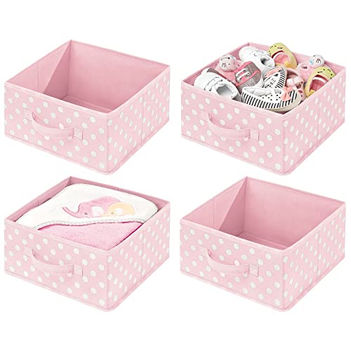 mDesign Soft Fabric Closet Storage Organizer Bin Box - Front Handle, for Cube Furniture Shelving Units Bedroom, Nursery, Toy Room - Polka Dot Print - 4 Pack - Pink White