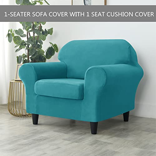 Housse de canapé velours extensible turquoise pour rénover un fauteuil abîmé - 3
