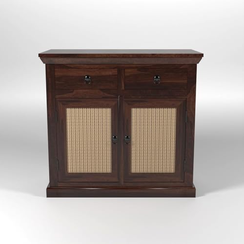 Image of Solid Sheesham Wood Sideboard Cabinet with Cane Woven Doors 2 Rack and 2 Drawers | Wooden Storage Cabinet for Living Room & Dining Room (Walnut Finish)