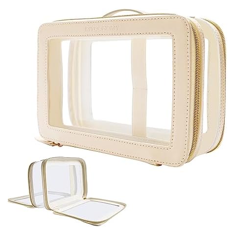 DIYOOHOMY Clear Makeup Bag Double Layer Two Sided With Zipper White Cosmetic Small Make Up Case Compartments Brush Travel Leather Toiletry Women Organizer Transparent Waterproof Pouch Cover