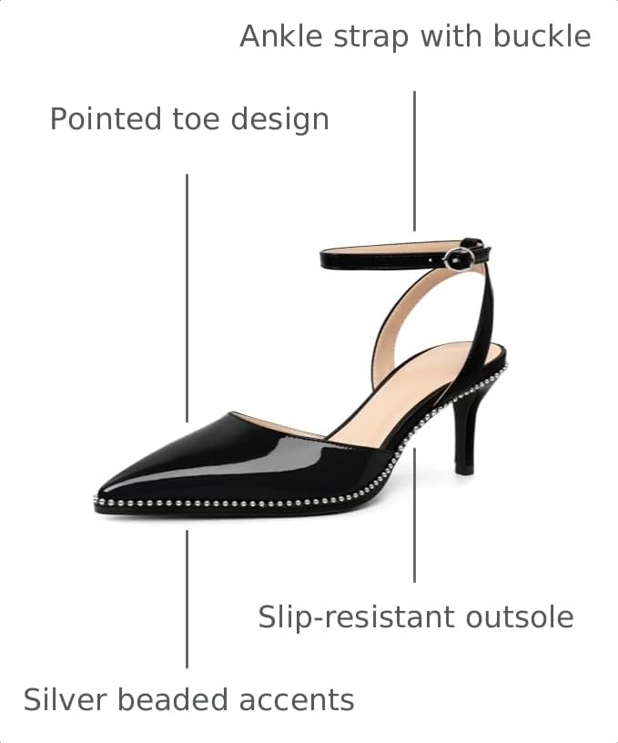 Image of SAMMITOP Kitten Heels for Women Low Heel Closed Toe Ankle Strap Pumps Wedding Party Beaded Dress Shoes 2.4 Inch