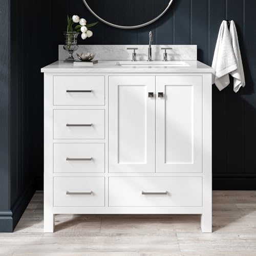ARIEL Cambridge 36-inch Bathroom Vanity with Sink,Solid Wood, 0.75-inch Italian Carrara Marble Countertop, Single Rectangular Porcelain Sink, 2 Soft Closing Doors, 5 Dovetail Drawers, White