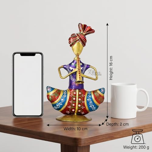 Image of Rajasthani Mini Sardar Musician Showpiece with Pipadi Instrument, Metallic Traditional Table Decor Item for Corporate Bulk Gifting and Office Desk Ornament (2x10x16 cm)
