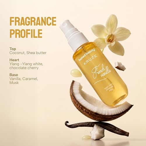 Image of BAKED BEAUTY Kruze French Vanilla Perfume Body Mist | Refreshing Long Lasting Tropical Fragrance|Double Duty Mist For Hair & Body| Travel-Friendly Perfume Body Spray for Women- 60ml