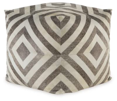 Signature Design By Ashley Hartselle Casual 18" Diamond Faux Hair On Hide Pouf, Cream & Brown #TOP8