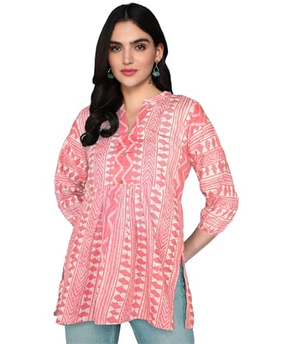Image of Stylistico Geometric Print Summer Cotton Tunic Western Everyday Regular Fit Full Sleeve v Neck Office Peplum Printed Long Tops for Women Latest