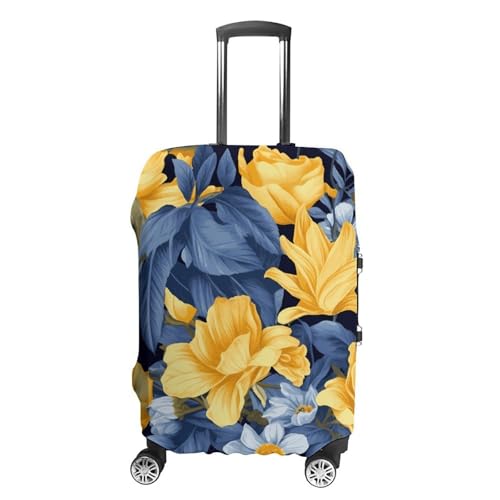 Blue Base Yellow Floral Printed Luggage Cover Protector, Fits 18-32 Inch Luggage