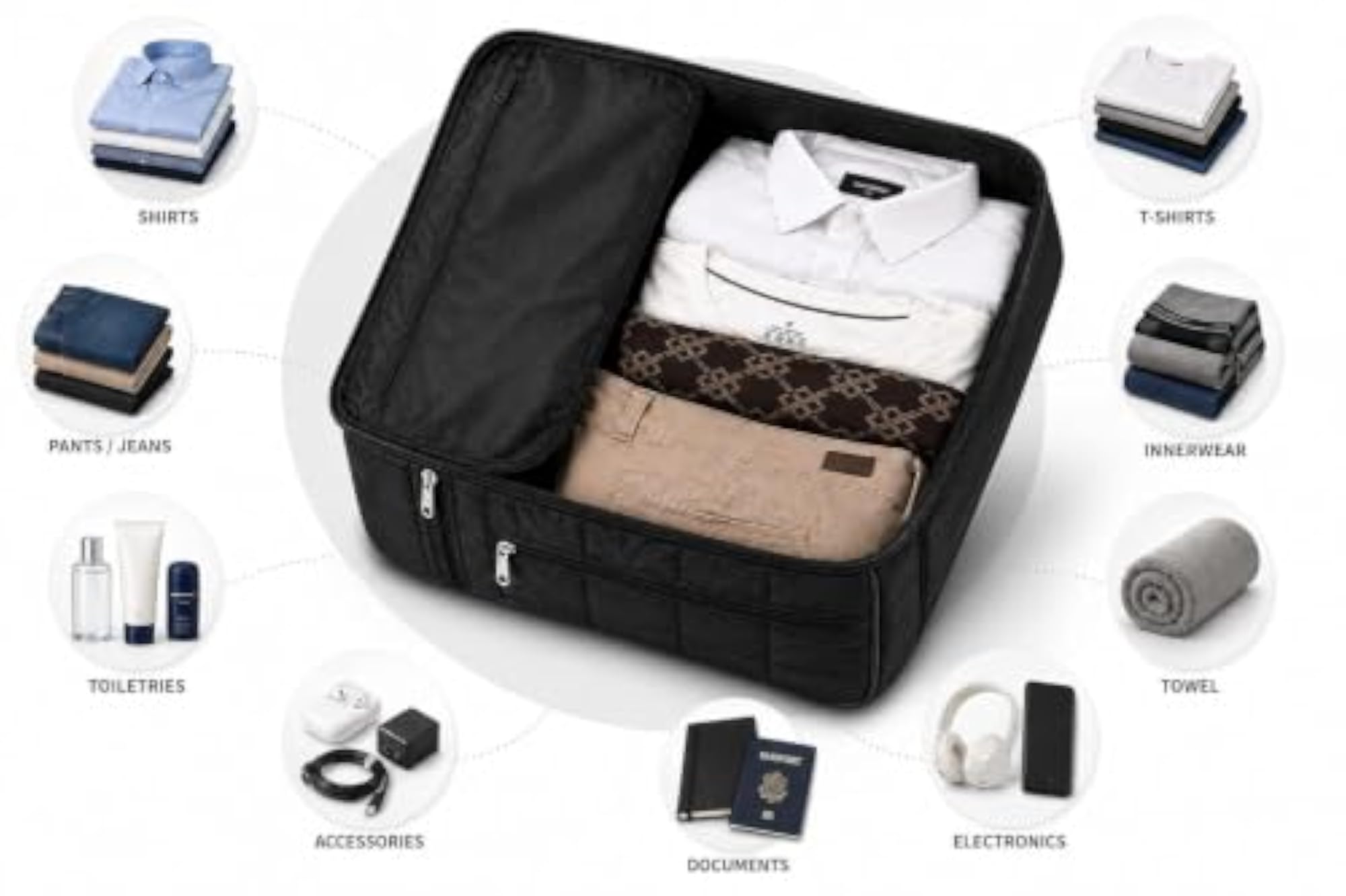 Premium Quilted Black Nylon Travel Organizer Bag