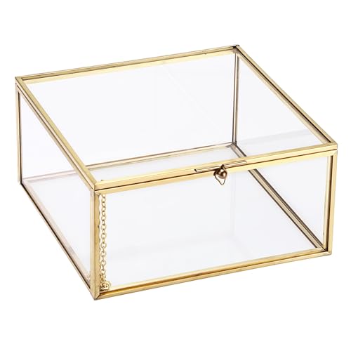 Hipiwe Vintage Glass Jewelry Organizer Box - Golden Metal Keepsake Box Desktop Jewelry Organizer Holder, Wedding Birthday Gift, Square Vanity Decorative Boxes for Dresser,Bathroom