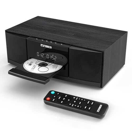 THINKYA JA-318 CD Player Stereo System for Home, 36W RMS HiFi Bluetooth 5.3 CD Player with Speakers, FM Radio 40 Presets, USB/AUX Playback, LED Clock & Alarm, IR Remote Control, Modern Black Wood
