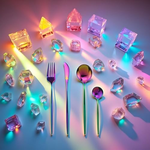 Image of 4 Pcs Rainbow Slim Handle Stainless Steel Cutlery Set for Dining Table with Spoon and Fork Set & Butterknife - The Perfect Tableware /Flatware