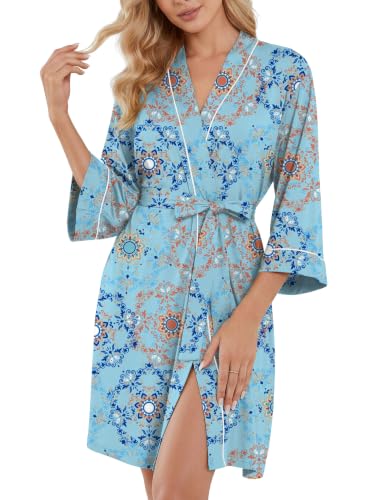 Image of PrinStory Womens Robe Knee Length Soft Knit Bathrobe S-2XL | V-Neck 3 /4 Sleeve Robes with Pockets, Lightweight, Breathable Bath Robe for Shower, Spa, Travel, Home, Party, Nursing