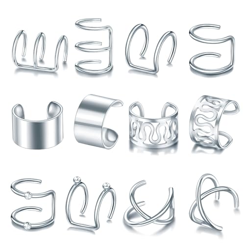 12 Pcs Silver Hair Braids Dreadlock with Crystal Rhinestone Non-Piercing Ear Clip Beard Beads Cuffs Clip Hair for Women Men Hair Accessories Styling Jewelry Tools