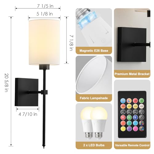 Image of KARTOOSH Battery Operated Wall Sconce Set of Two, Wireless Rechargeable Wall Light with Remote Control, Dimmable, 4 Color Temperatures, RGB, Timer, for Living Room,Bedroom,Entryway, Black, 20.6 Inch