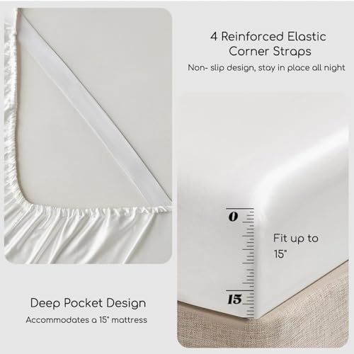 Image of MR&HM Satin Bed Sheets, Full Size Sheets Set, 6 Pcs Silky Bedding Set with 15 Inches Deep Pocket for Mattress (Full, Ivory)