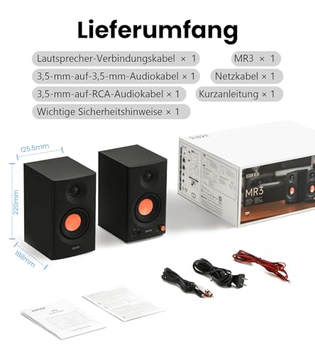 Edifier MR3 Kompakter Studio-Lautsprecher 2.0, Hi-Res Audio, Bluetooth V5.4, physische Steuerungen, RCA, AUX, Mobile App, 2 x 18 W, Schwarz