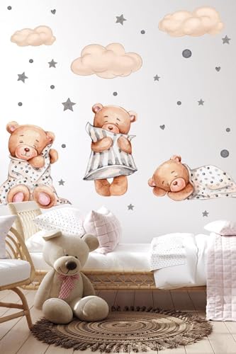 3'lü Uyuyan Ayıcık Bulutlar ve Yıldızlar Çocuk Bebek Odası Sticker Seti