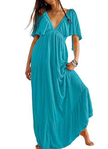 Image of Kikibell Women Summer Dresses Sexy V-Neck Maxi Dress Tiered Silhouette with Flutter Sleeve Backless Elastic Waist Flowy Dress