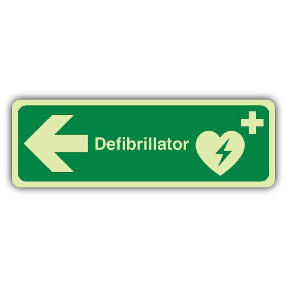 V Safety Photoluminescent Defibrillator Arrow Left - Landscape Safety Sign - 300 x 100 mm - 1.2mm Rigid Plastic - Double Glow