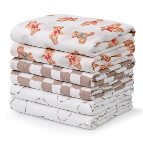 Image of GLLQUEN BABY Receiving Blanket Boy Cotton Muslin Swaddle Blankets Girl Newborn Squares Breathable & Soft Thin Baby Blankets Cloths Double Absorbent Infant Swaddling Wrap - 6 Pack (Christmas Bear)