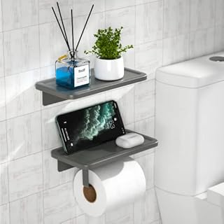Toilet Roll Holder, Double Toilet Paper Holder with Shelf Wall Mounted or Nail-free Glue Strong Stickiness Toilet Roll Holders for Bathroom Toilet Washroom Kitchen Hotel(Grey)