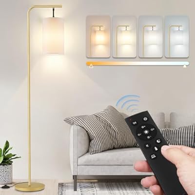 Coucrek Floor Lamp for Living Room, 9W LED Bulb, Remote Custom Color Temperature & Brightness, Standing Lamps for Bedroom Office, Gold