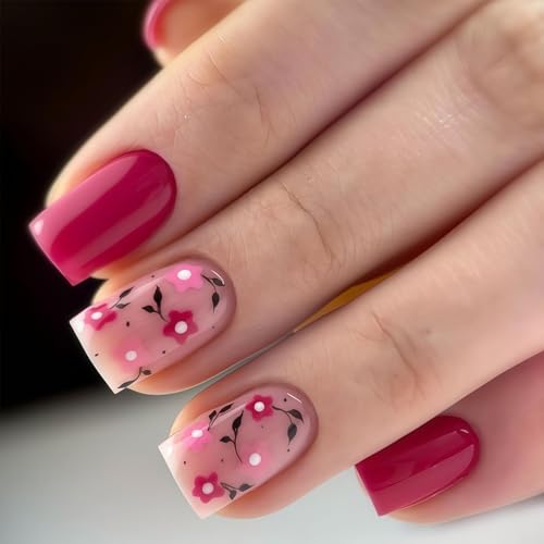 Tastetreasure Press on Nails - Set di 24 stampi per mandorle, design floreale rosa, unghie artificiali con colla e lima per unghie, eleganti e floreali lucidi, per donne e ragazze