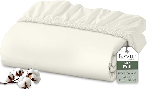 Image of Royale Linens 100% Organic Cotton Fitted Sheet - Percale Weave - Super Soft Deep Pocket Bottom Sheets - Ivory Elastic Sheet Full Size - Full Fitted Sheets Only - (54 inchx75 inch+15 inch, Ivory)