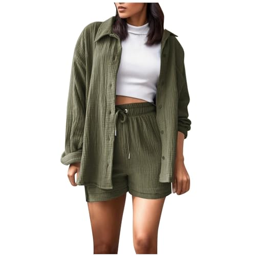 2 Piece Sets for Women Summer Loose Fit Long Sleeve Blouse Shirts with Shorts Plus Size Thin Trendy Lounge Shirts Short Sets2